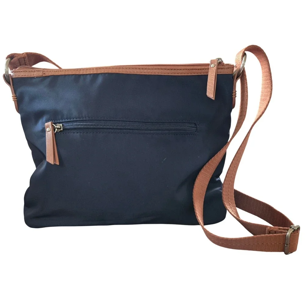 The Sak Classic Chic Navy Blue Nylon Crossbody Bag Tan Trim Organizer Travel